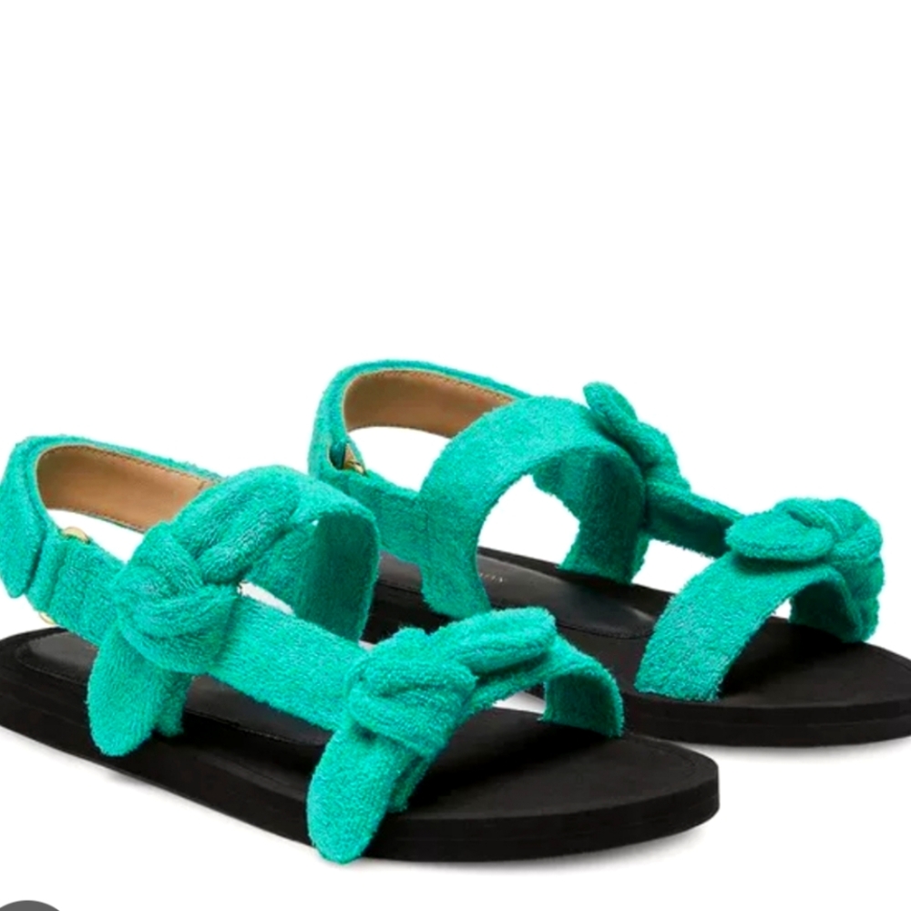 Stuart Weitzman Bandeau Terry Cloth Bow Green Black Gold Open Toe Sandal NEW